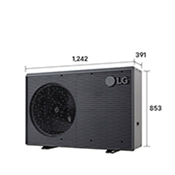 LG Air to Water Heat Pumps HM051MRS UA40, with dimensions labeled, black outdoor unit featuring a grey wavy grille.