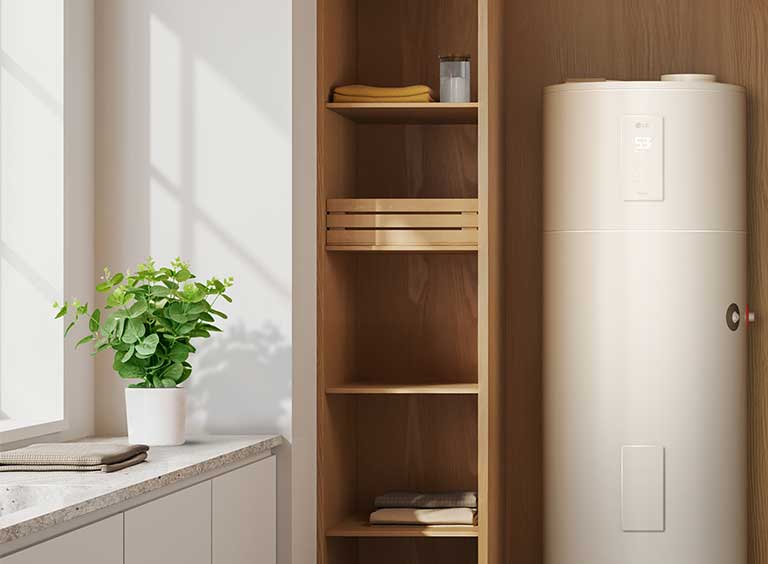LG THERMA V is standing next to a pillar of a house with a view of the river stream beside.	