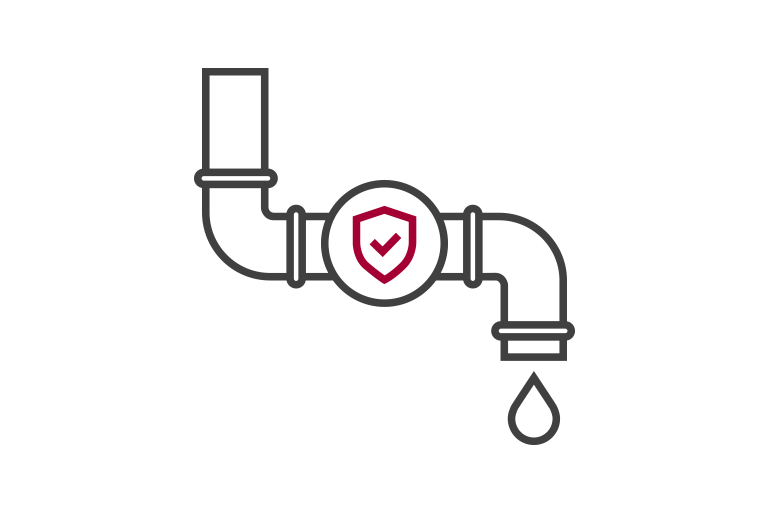 The water pipe is designed in the form of a vertically positioned letter Z with check-marked shield icon at the center, a water droplet at the bottom. 