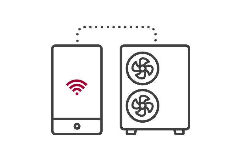 A smartphone showing the WiFi signal sits on the left, connected to an LG air to water heat pump hydrosplit on the right via a dotted line. 