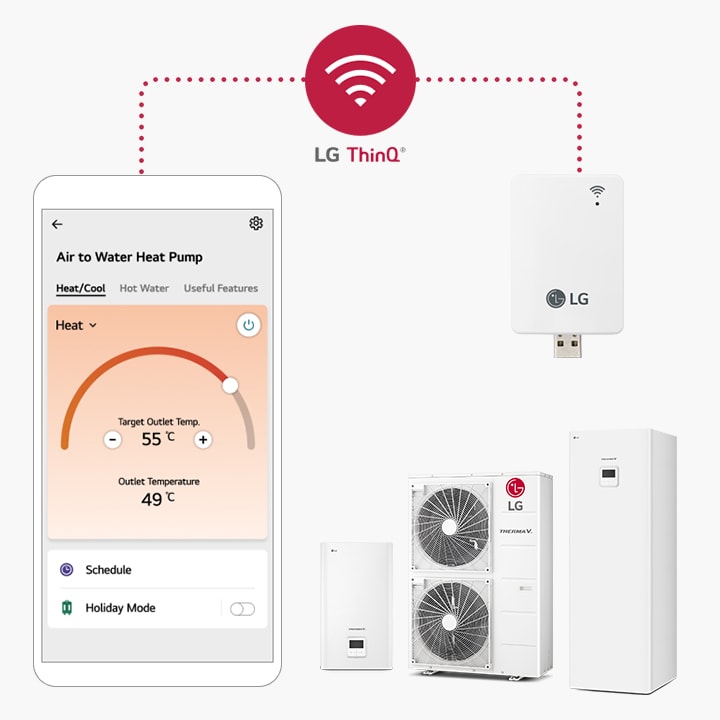 A smartphone showing the WiFi signal sits on the left, connected to an LG air to water heat pump hydrosplit on the right via a dotted line. 