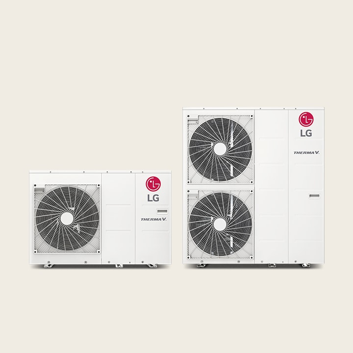 Displayed are two LG Therma V Monobloc outdoor units. A small rectangular one on the left and a larger two-stack unit on the right. 
