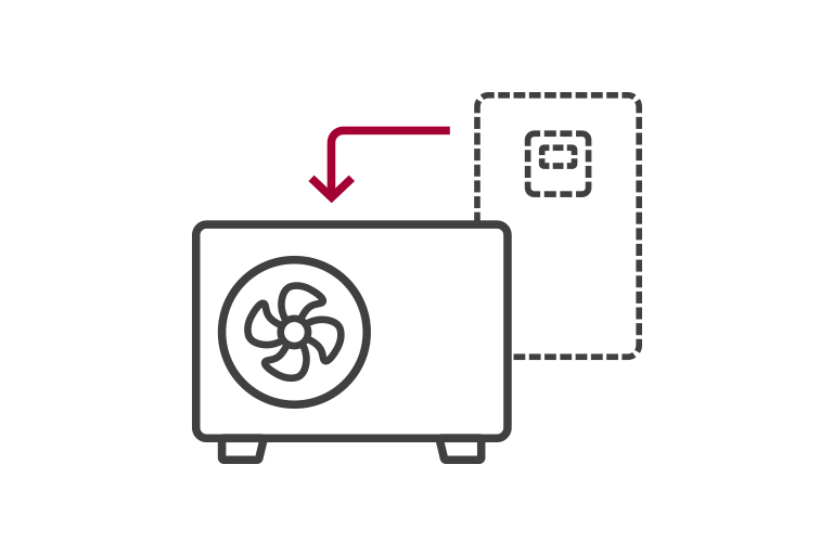 Lower left outdoor unit contains a fan and cogs while an indoor unit standing to the right. An arrow from the indoor unit points to the outdoor unit. 