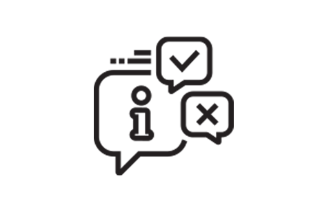 Three word bubbles of distinct sizes, each outlined in black, contain different marks, an exclamation, a question, and a check, respectively. 