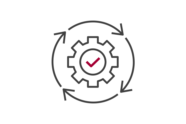 A cogwheel which is marked as the check and surrounded by circulating arrows. 