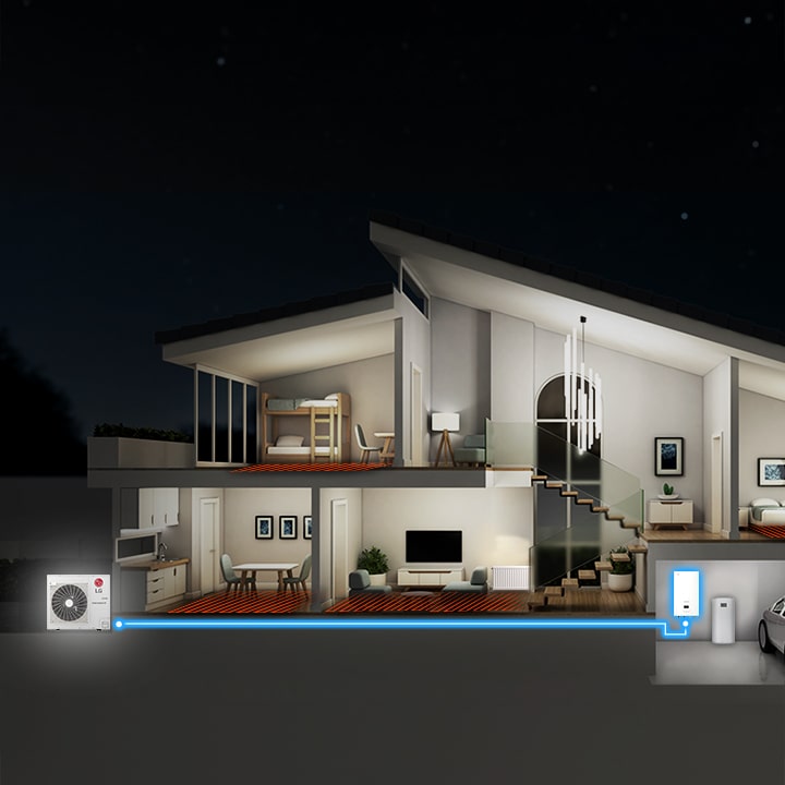 The 3D floor plan reveals the LG outdoor unit on the far left and the indoor unit on the garage wall far right, interconnected by blue lines. 