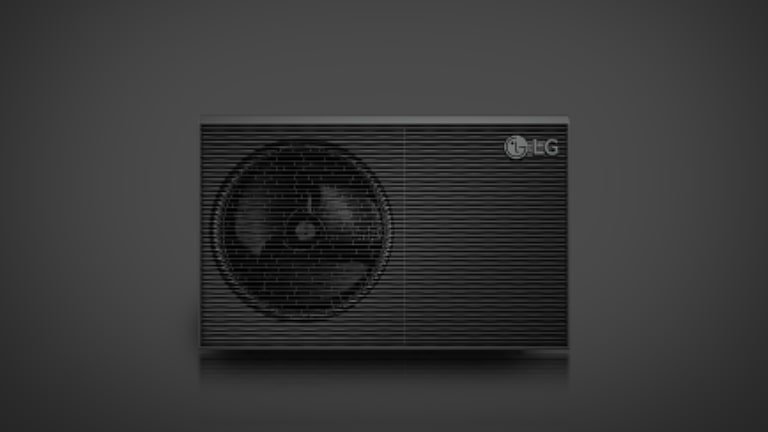 LG R290 Monobloc is displayed with a halo shining behind the product. Its grey outdoor unit is gradually revealed against a black background. 