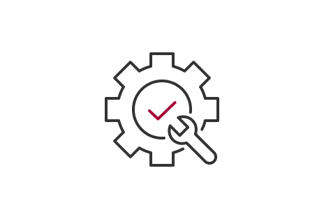 Gear with a wrench and checkmark, symbolizing successful maintenance or repair. 
