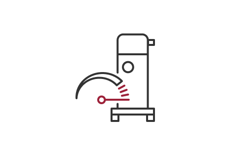 Line drawing of a pump with a gauge indicating high pressure. 
