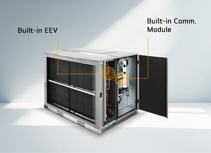 The LG unit is shown with an open door, revealing a built-in EEV and communication module, indicated by labels 'Built-in EEV' on the left and 'Built-in Comm. Module' on the right. 