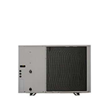 LG Air to Water Heat Pumps  HM071MRS UA40, back view of a black outdoor unit featuring a grey wavy grille.
