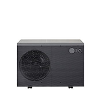 LG Air to Water Heat Pumps  HM071MRS UA40, top-front view of a black outdoor unit featuring a grey wavy grille.