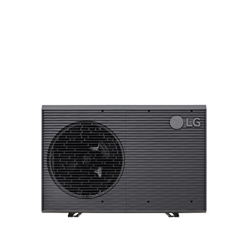 LG Air to Water Heat Pumps HM091MRS UA40, front view of a black outdoor unit featuring a grey wavy grille.