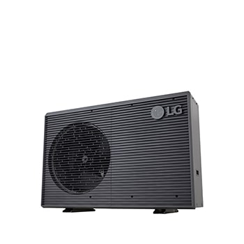 LG Air to Water Heat Pumps HM091MRS UA40, bottom-right view of a black outdoor unit featuring a grey wavy grille.