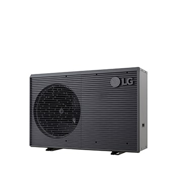 LG Air to Water Heat Pumps HM091MRS UA40, right angle view of a black outdoor unit featuring a grey wavy grille.