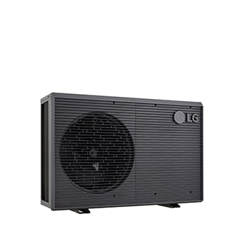 LG Air to Water Heat Pumps HM091MRS UA40, left angle view of a black outdoor unit featuring a grey wavy grille.