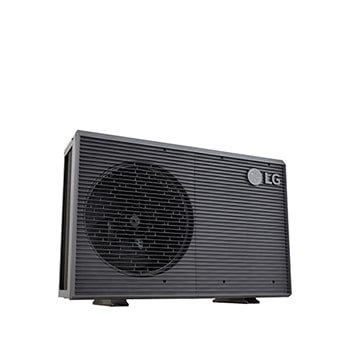 LG Air to Water Heat Pumps HM091MRS UA40, bottom-left side view of a black outdoor unit featuring a grey wavy grille.