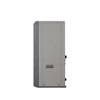 LG Air to Water Heat Pumps HM091MRS UA40, right side view of a black outdoor unit featuring a grey wavy grille.
