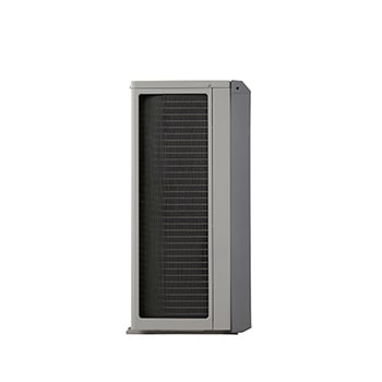 LG Air to Water Heat Pumps HM091MRS UA40, left side view of a black outdoor unit featuring a grey wavy grille.