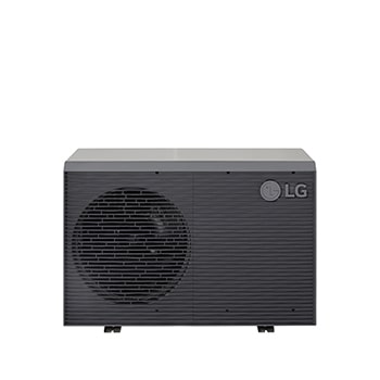 LG Air to Water Heat Pumps HM091MRS UA40, top-front view of a black outdoor unit featuring a grey wavy grille.