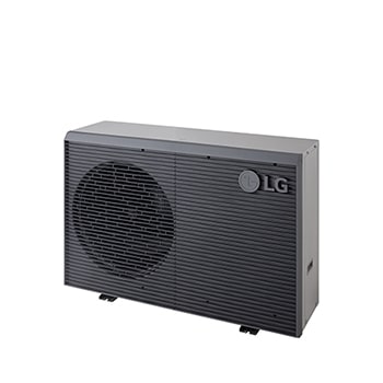 LG Air to Water Heat Pumps HM091MRS UA40, top-right view of a black outdoor unit featuring a grey wavy grille.