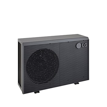 LG Air to Water Heat Pumps HM091MRS UA40, top-left view of a black outdoor unit featuring a grey wavy grille.