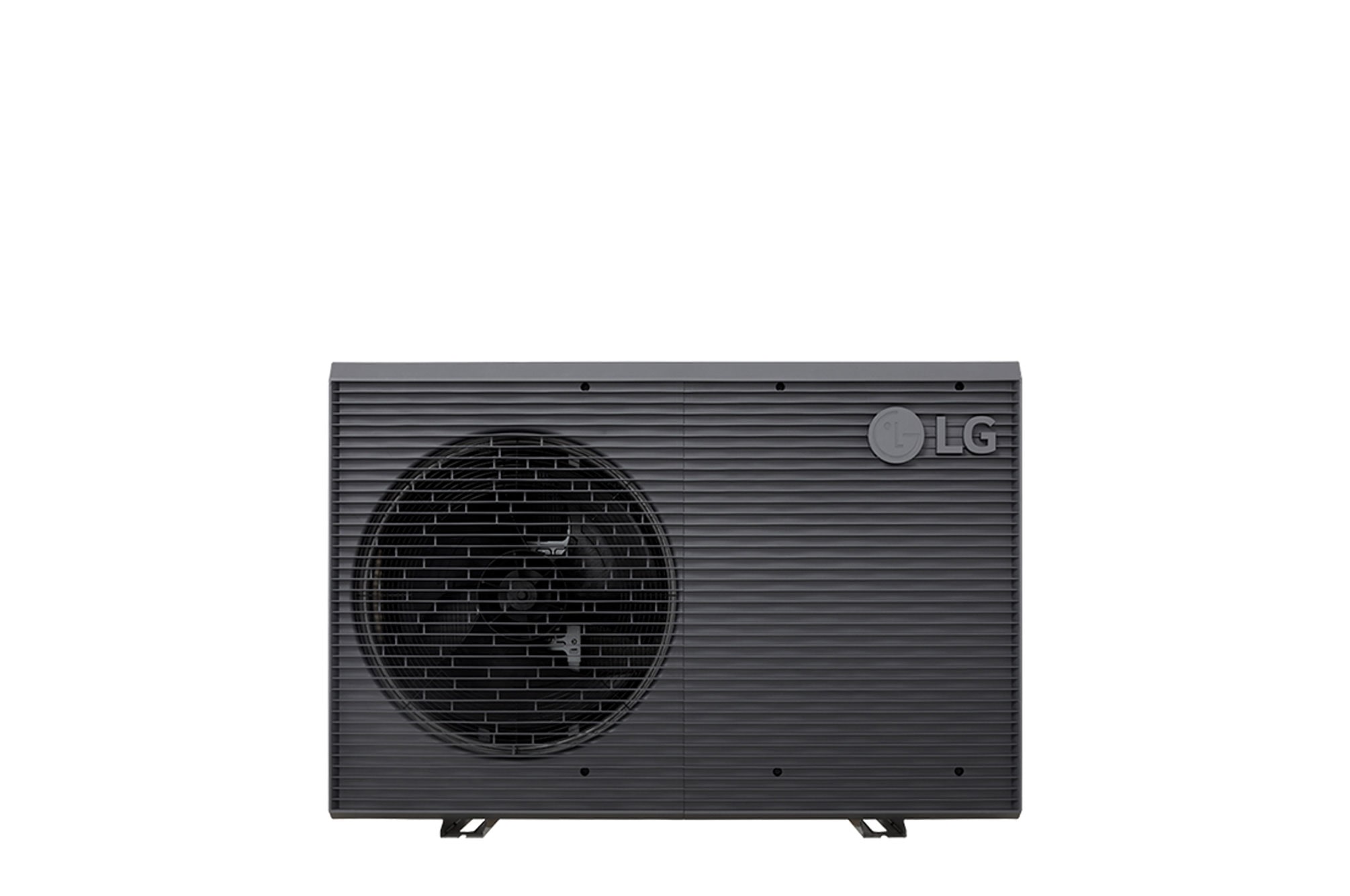 LG Air to Water Heat Pumps HM091MRS UA40, front view of a black outdoor unit featuring a grey wavy grille.