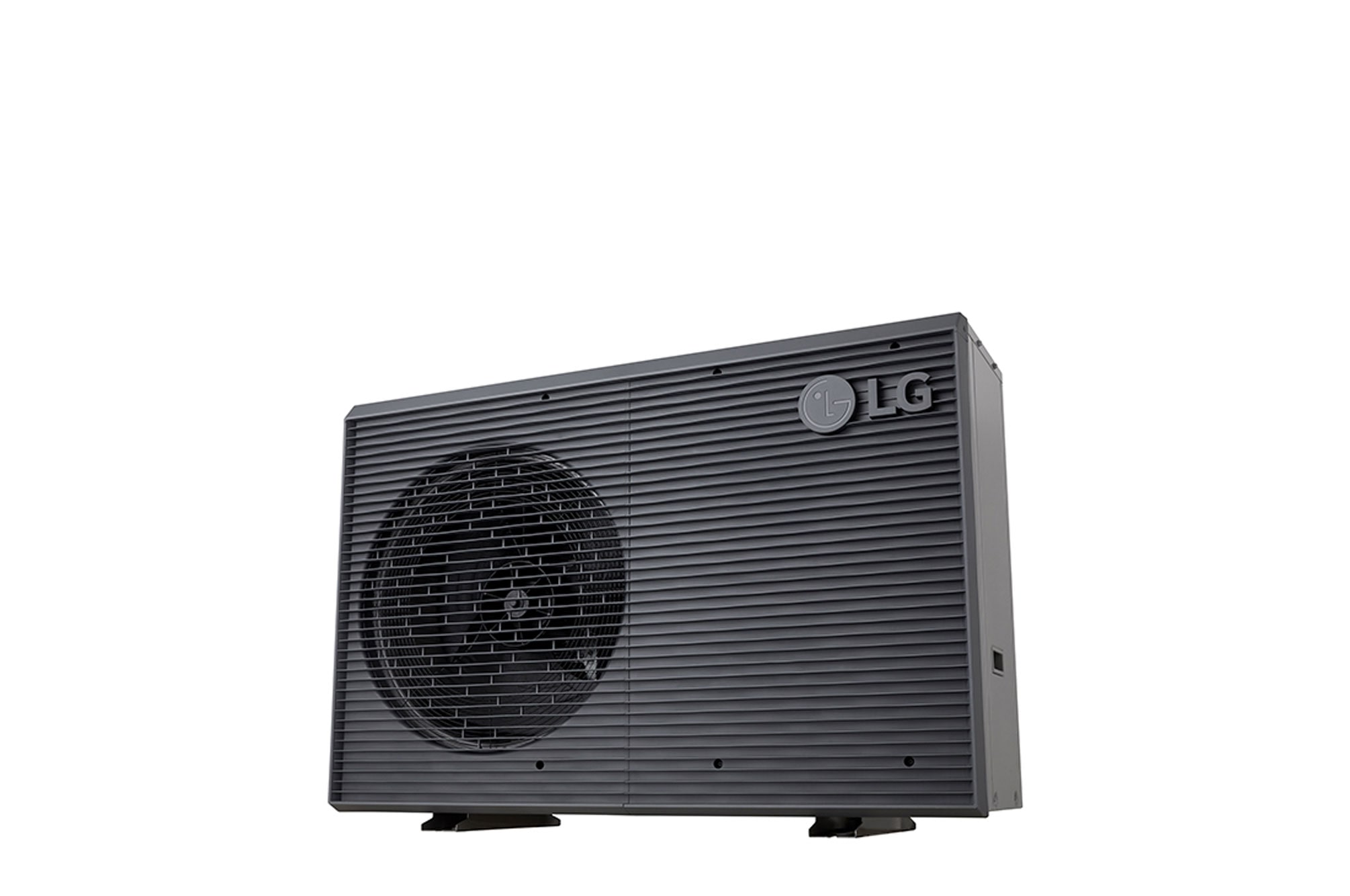 LG Air to Water Heat Pumps HM091MRS UA40, bottom-right view of a black outdoor unit featuring a grey wavy grille.