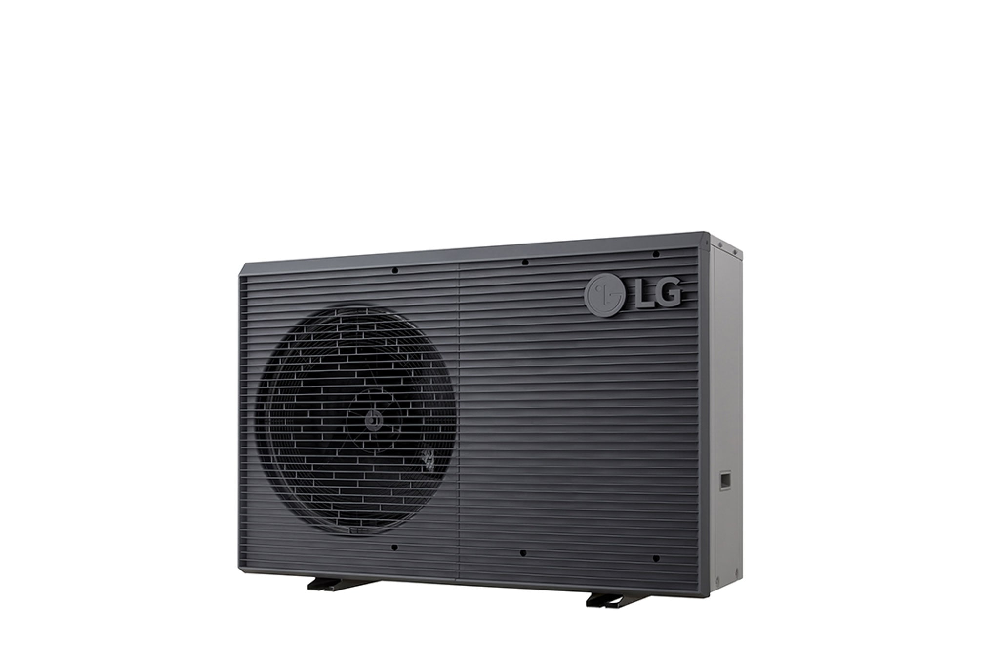 LG Air to Water Heat Pumps HM091MRS UA40, right angle view of a black outdoor unit featuring a grey wavy grille.