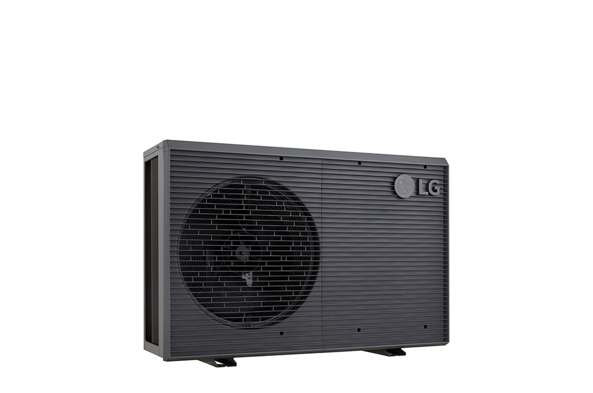 LG Air to Water Heat Pumps HM091MRS UA40, left angle view of a black outdoor unit featuring a grey wavy grille.