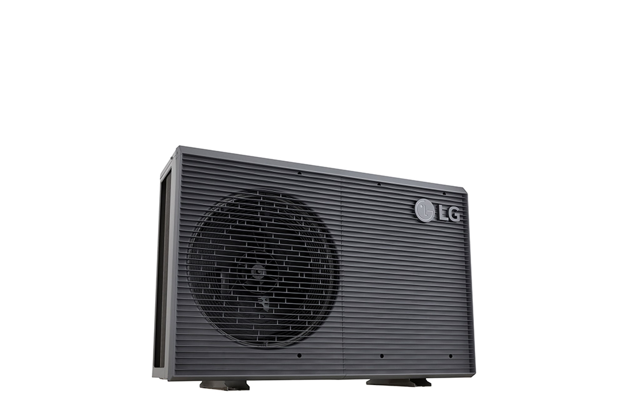 LG Air to Water Heat Pumps HM091MRS UA40, bottom-left side view of a black outdoor unit featuring a grey wavy grille.