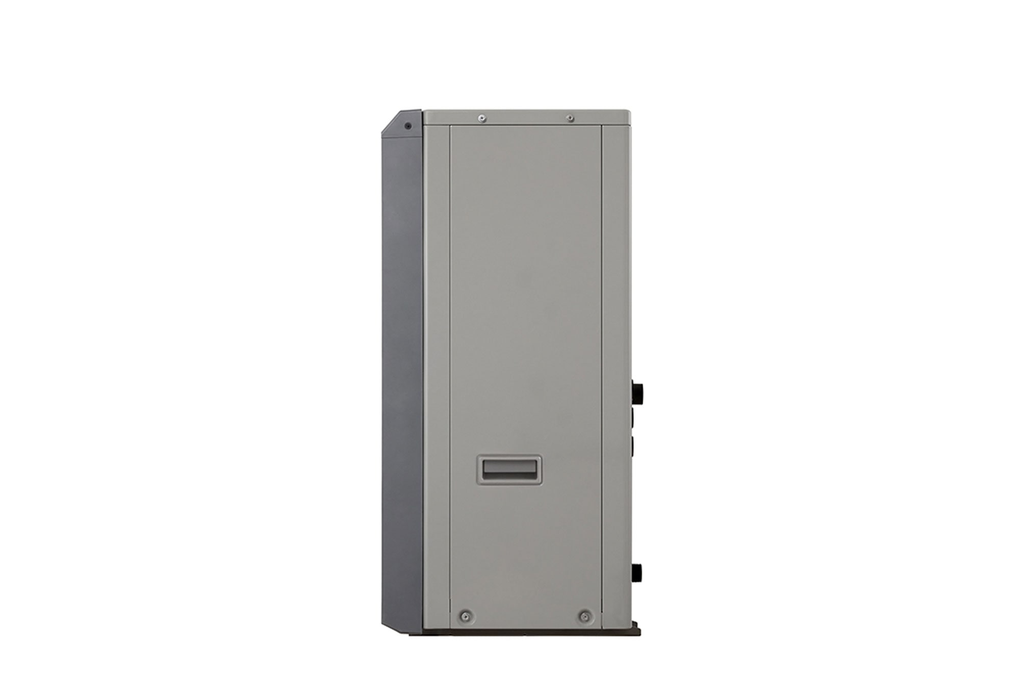 LG Air to Water Heat Pumps HM091MRS UA40, right side view of a black outdoor unit featuring a grey wavy grille.