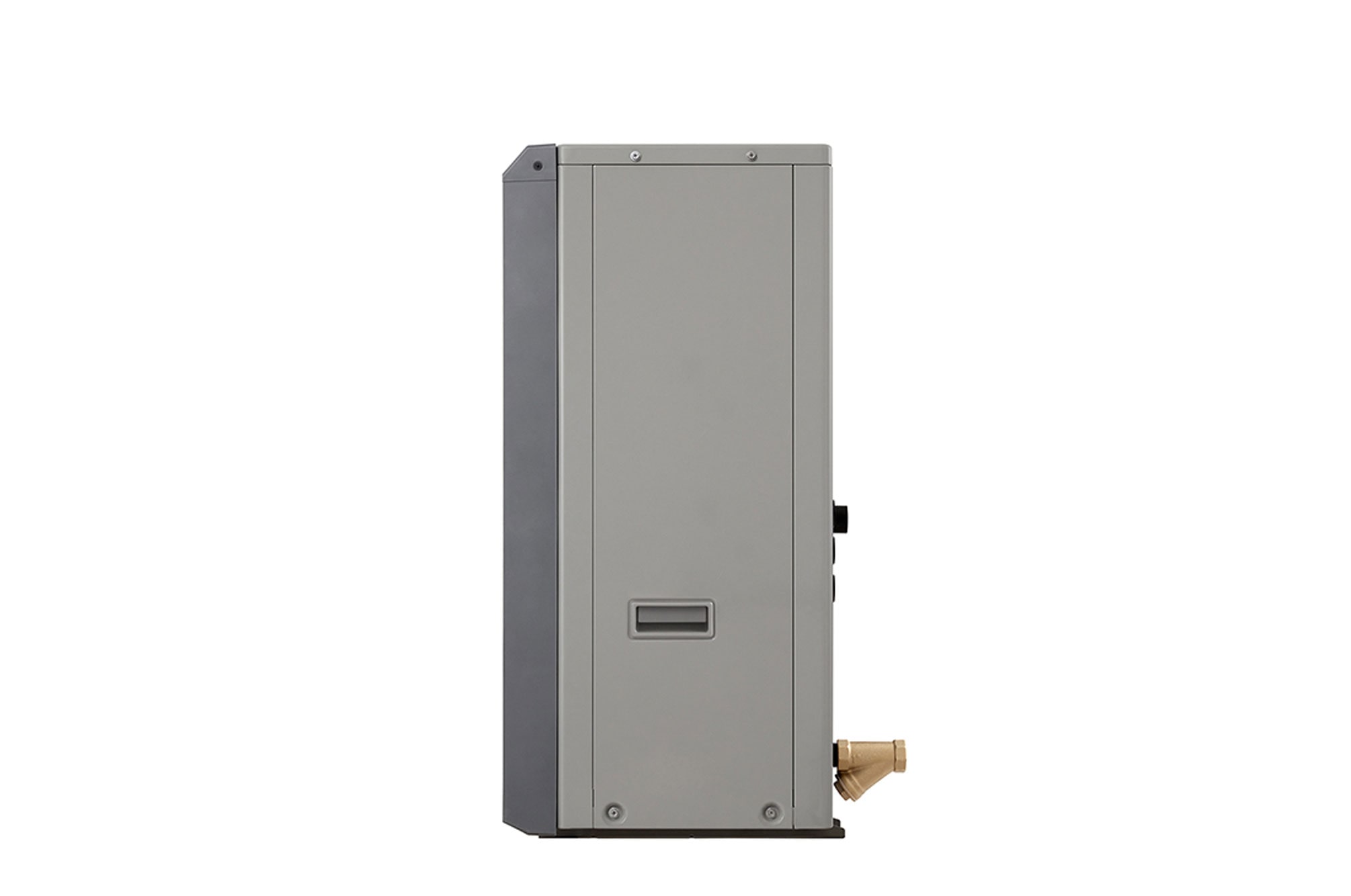 LG Air to Water Heat Pumps HM091MRS UA40, right side view of a black outdoor unit featuring a grey wavy grille with inlet.