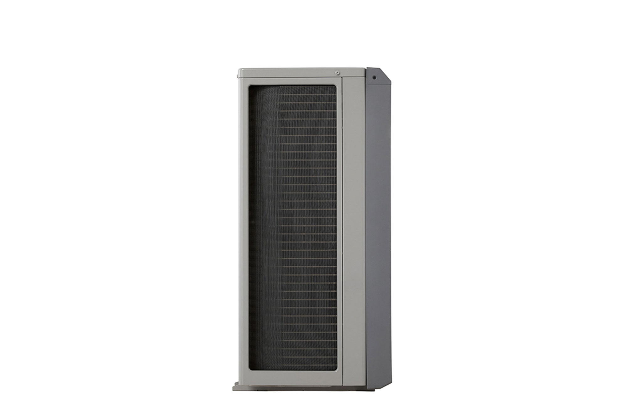 LG Air to Water Heat Pumps HM091MRS UA40, left side view of a black outdoor unit featuring a grey wavy grille.