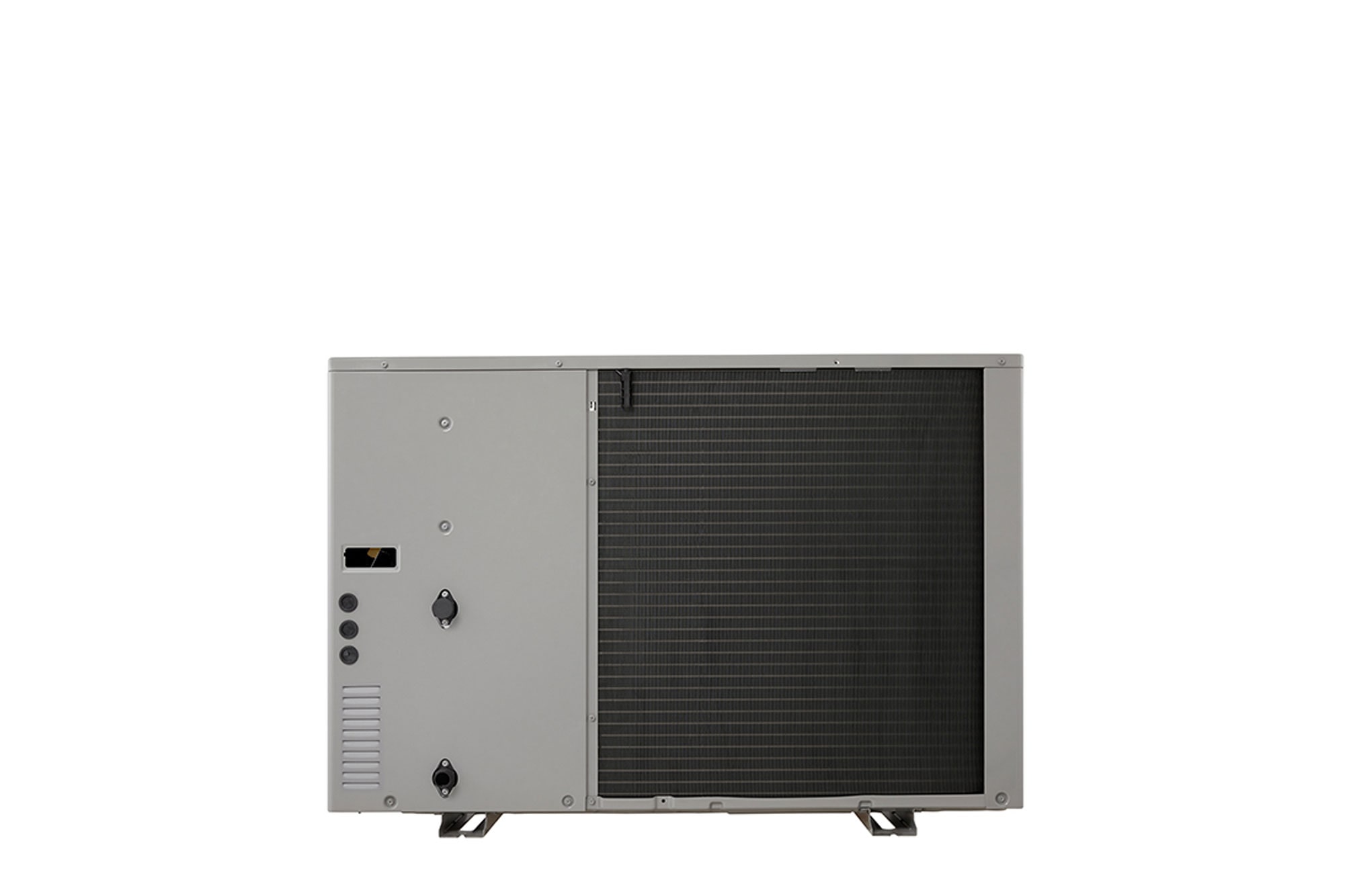 LG Air to Water Heat Pumps HM091MRS UA40, back view of a black outdoor unit featuring a grey wavy grille.