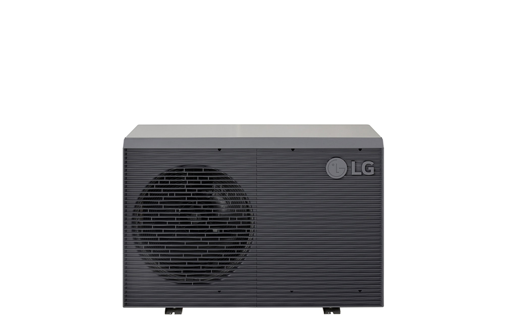 LG Air to Water Heat Pumps HM091MRS UA40, top-front view of a black outdoor unit featuring a grey wavy grille.