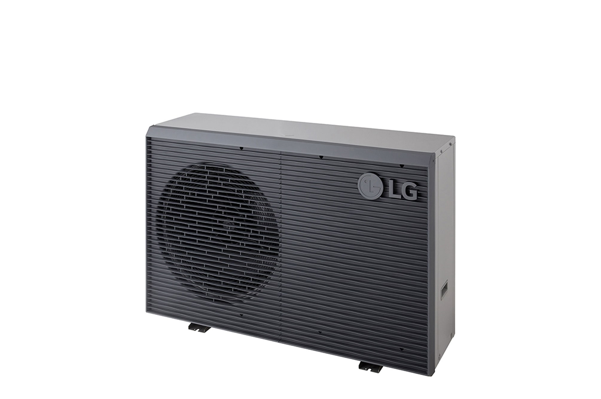 LG Air to Water Heat Pumps HM091MRS UA40, top-right view of a black outdoor unit featuring a grey wavy grille.