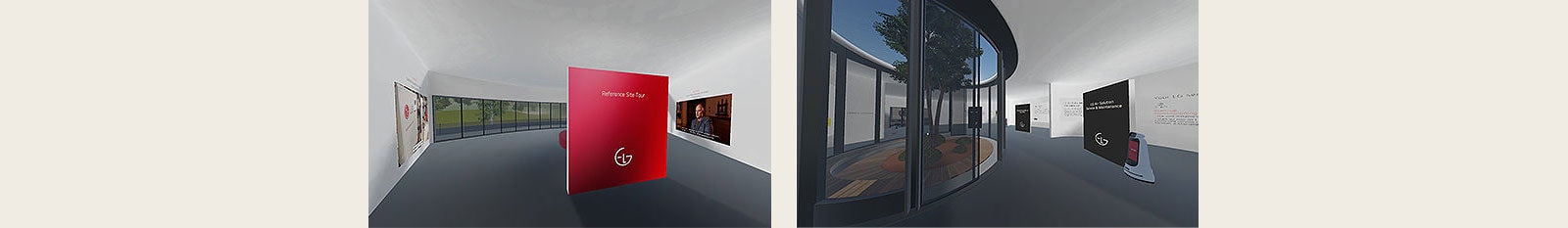 Two images from LG Introduction exhibition space, one with the red LG wall and one with other part of the exhibition