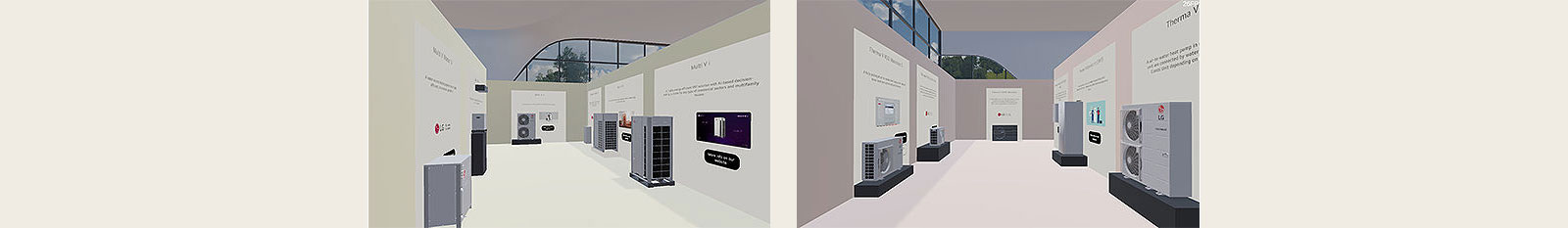 Two images from LG product showrrom, displayed with various HVAC products on both sides of the pathway