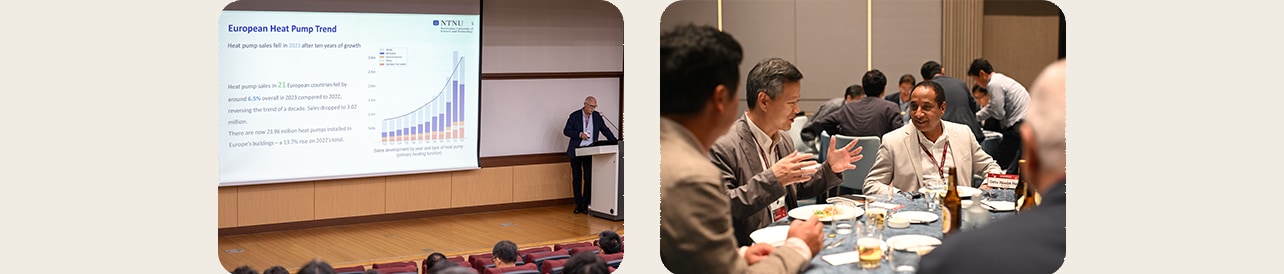 Conference presentation on European heat pump trends and networking dinner with professionals discussing industry insights.