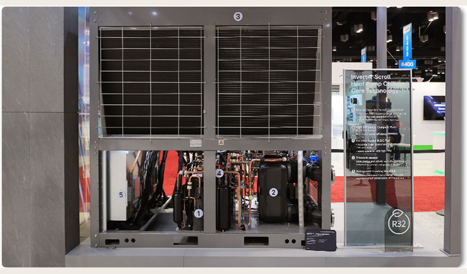 Inverter scroll heat pump chiller with R32 refrigerant, smart control, and modular design at AHR 2025.