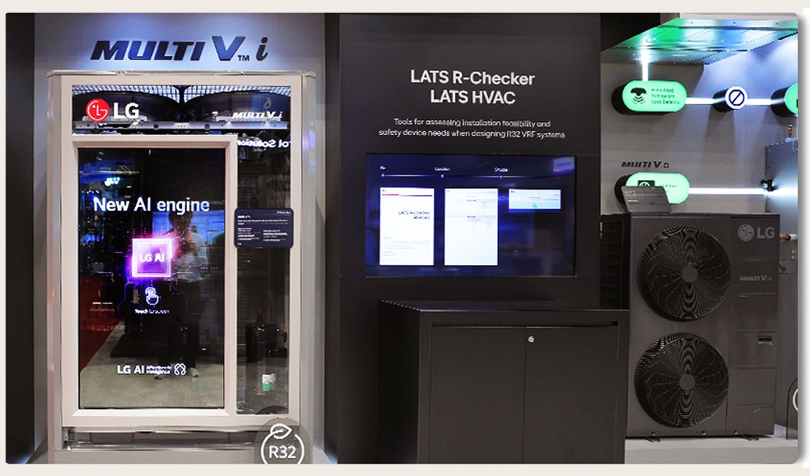 LG's AHR 2025 booth showcasing MULTI V i HVAC systems with AI integration and R32 refrigerant solutions.