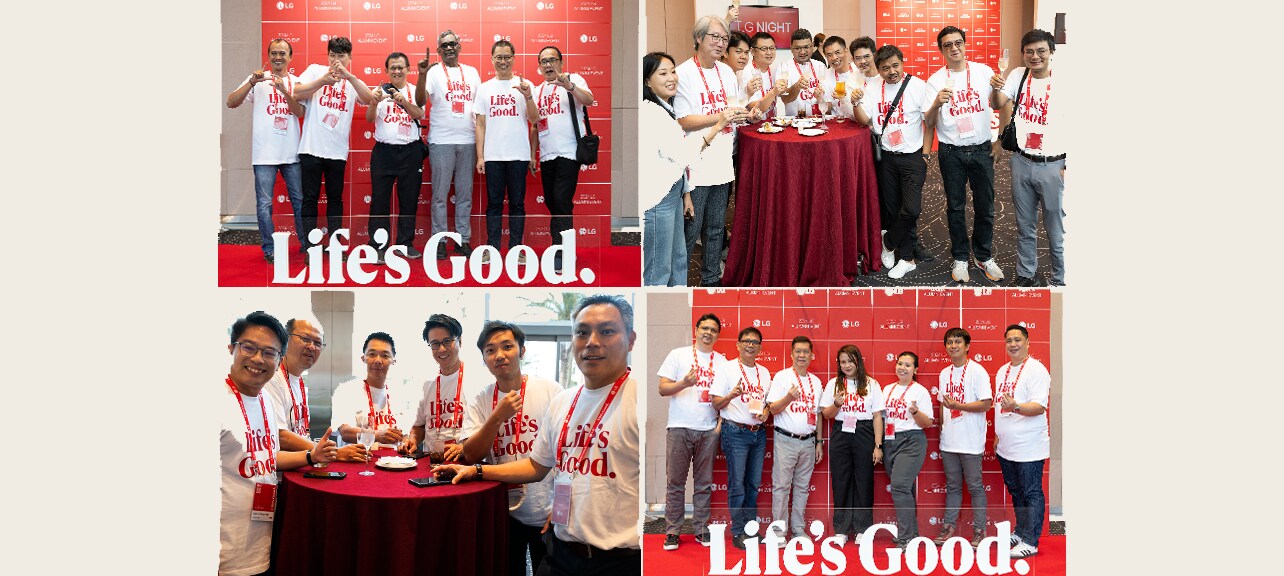 Collage of groups of people at the 2024 LG Alumni Event, wearing 'Life's Good' shirts and posing in front of an LG-branded backdrop, and mingling around a table.