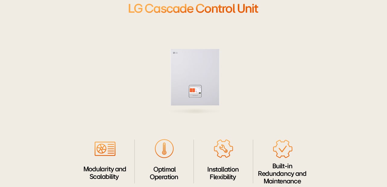 LG infographic highlights Cascade Control Unit’s modularity, flexible installation, optimal operation, and system redundancy.