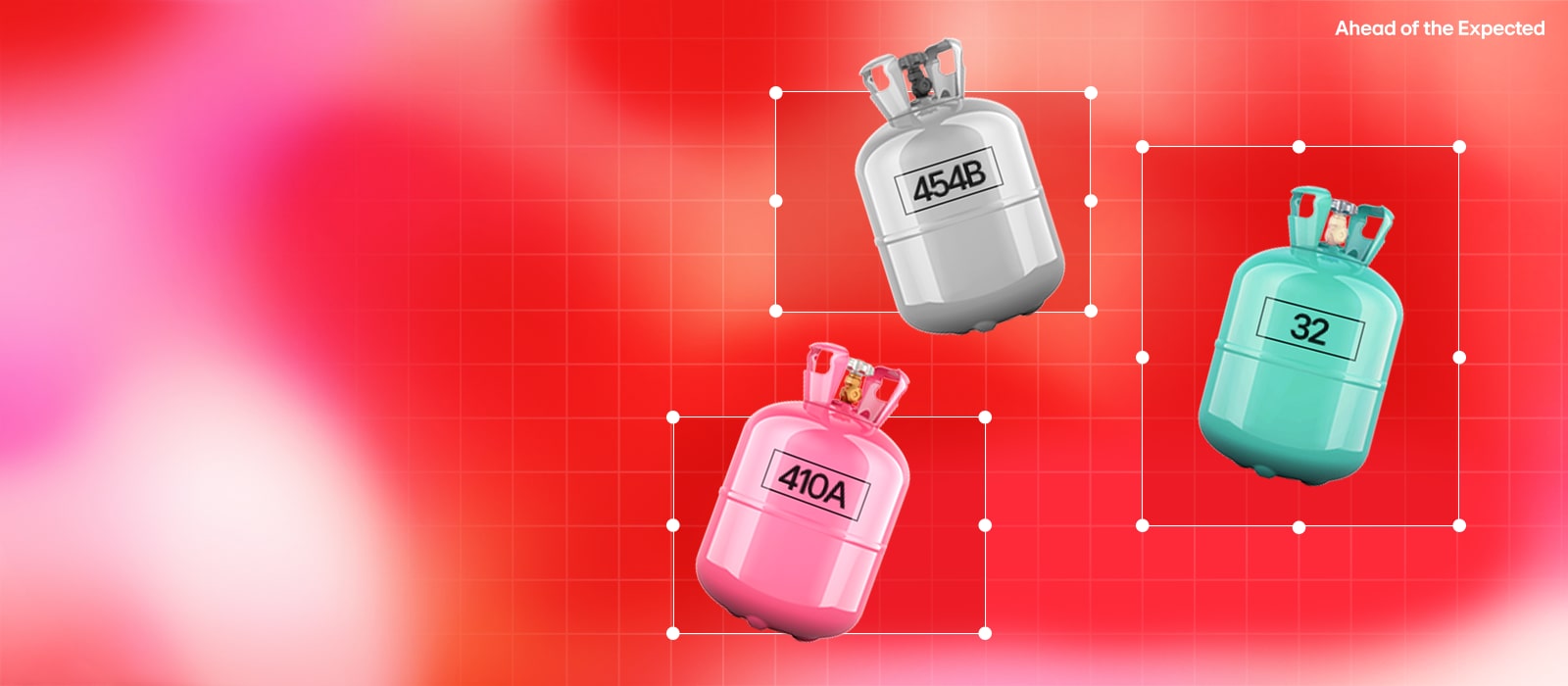 Three refrigerant tanks labeled 410A, 454B, and 32 with HVAC headline on red grid background.	