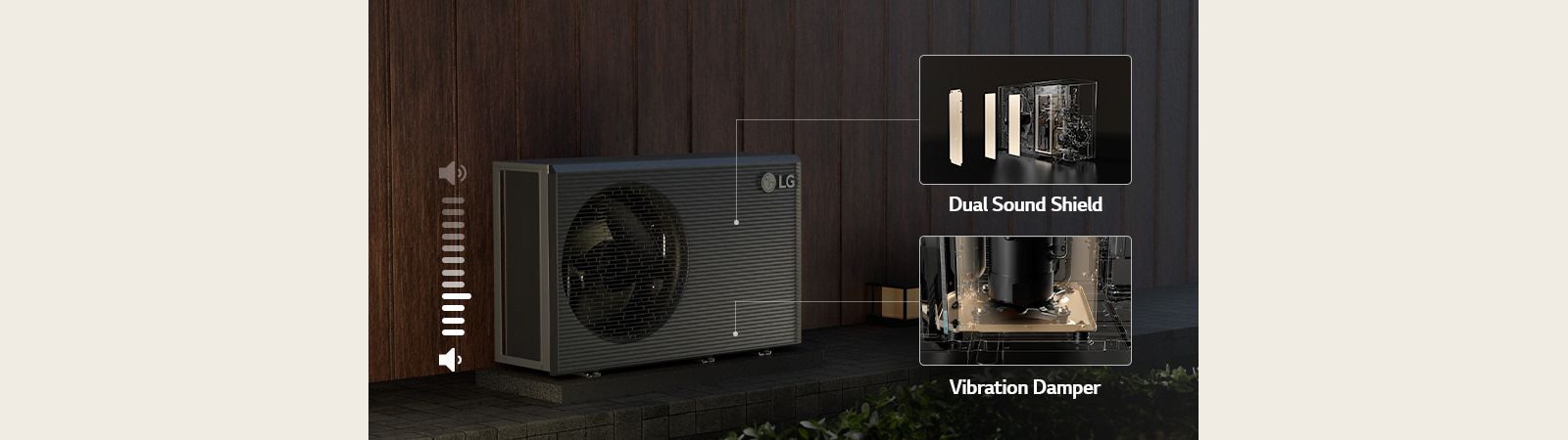 an LG THERMA V R290 Monobloc under a light-filled fence A description of the sound performance of LG THERMA V R290 Monobloc