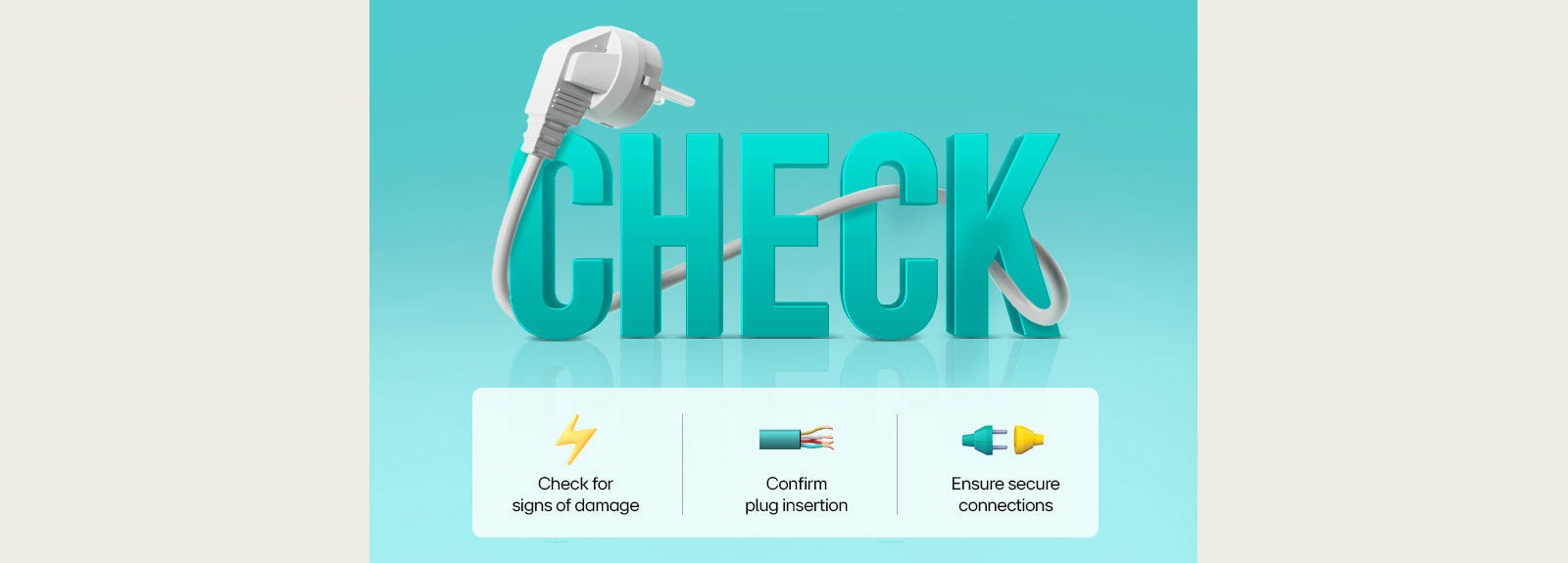 Graph illustration with a large 3D text "Check" in teal color, and it is about checking the power of outdoor unit.