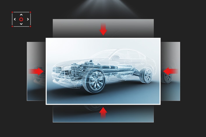 An LG ProBeam projector display demonstrates lens shift technology, allowing vertical and horizontal image adjustments for precise positioning. 