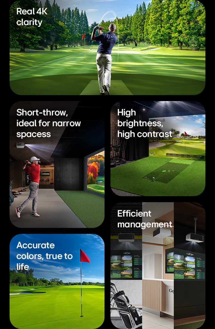 Image grid highlights LG ProBeam projector features: 4K clarity, short-throw projection, high brightness, true colours, and efficient management for golf simulators. 