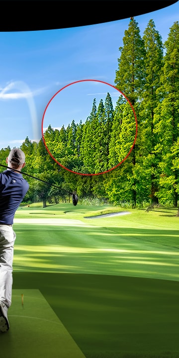 A vivid golf course scene with a zoomed-in section of trees, showing sharp details and bright greens, demonstrating LG ProBeam’s 4K clarity. 